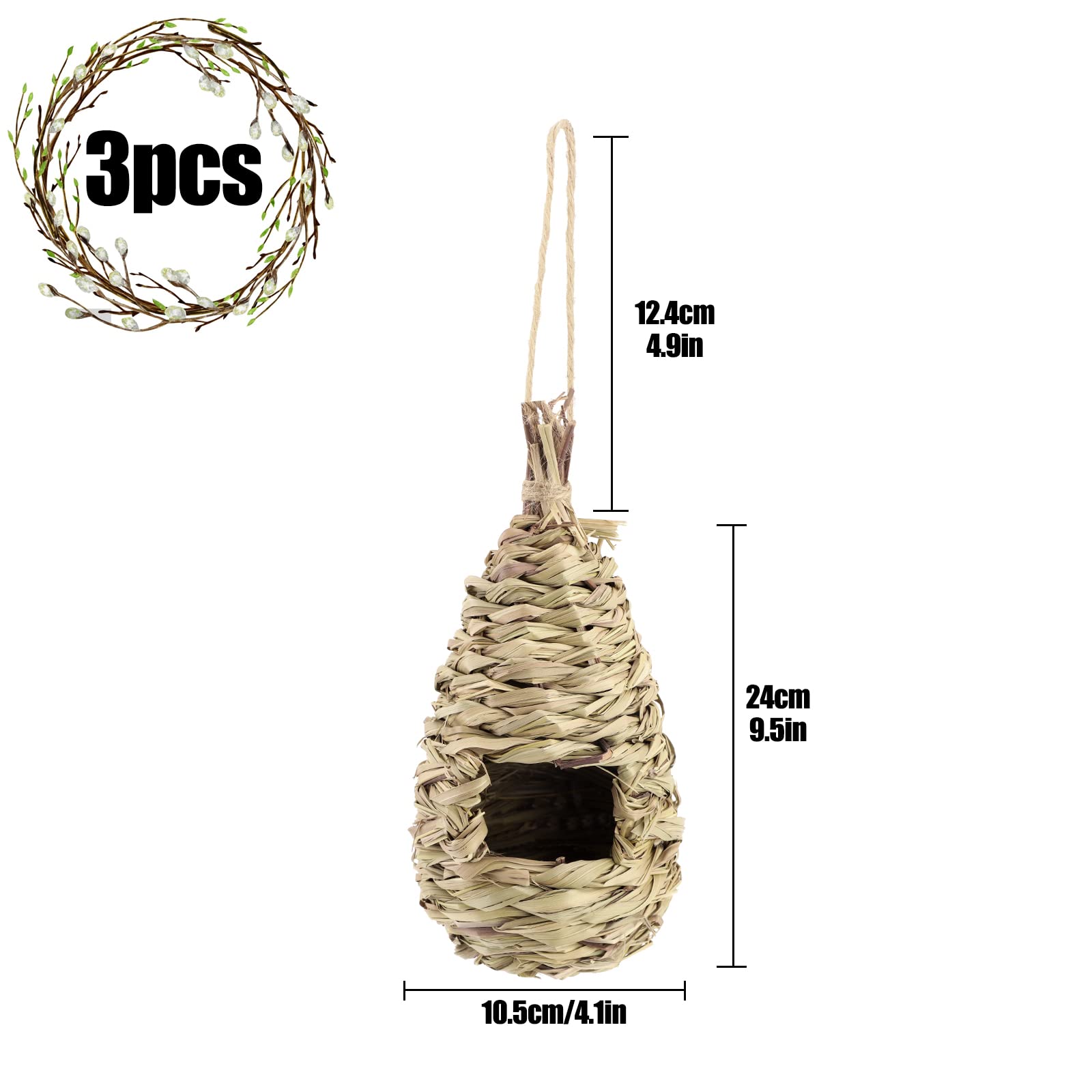 3 Pcs Bird Nest,Hummingbird House for Outside Hanging,Roosting Pouches for Birds,Grass Hanging Wren Finch Song Birds House for Nesting,Hand Woven Bird Nesting Boxes,for Garden Decoration,24x10.5 cm - Image 2