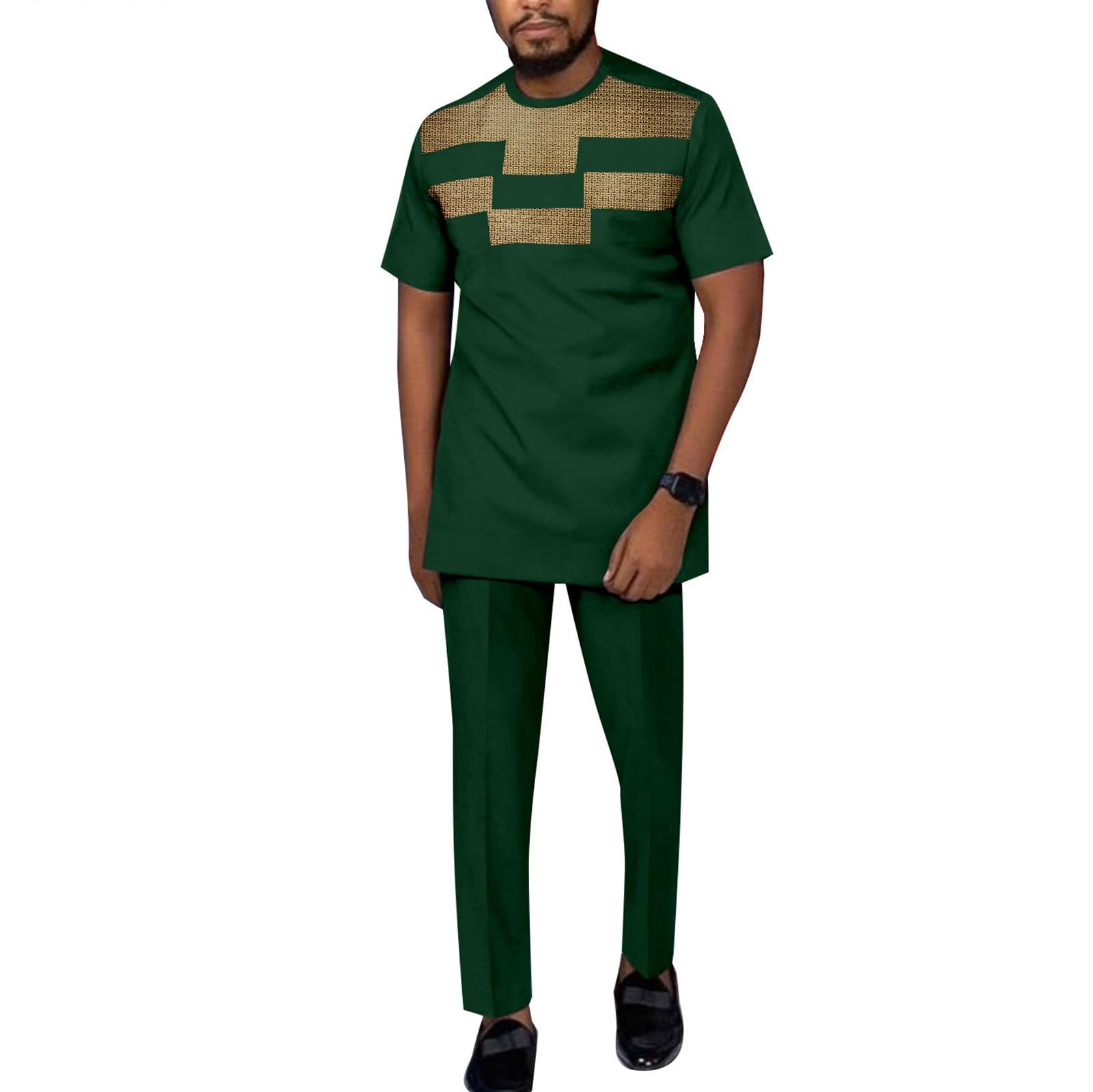 DULAI Slim Fit Men Africa Suit Short Sleeves Dashiki Shirt and Pants Ethnic 2 Piece Outfit Traditional Tracksuit Attire (Color : Green, Size : L)