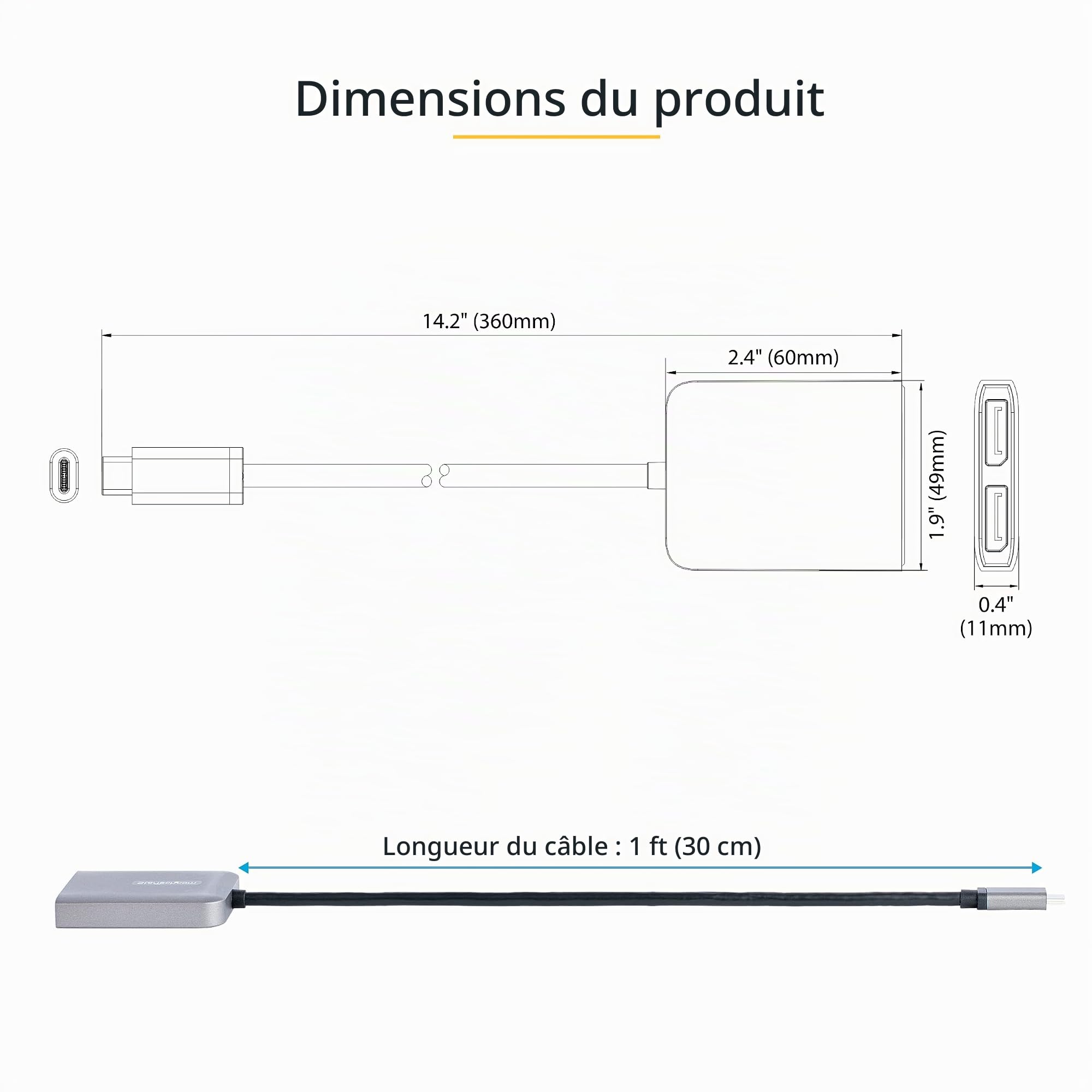 StarTech Hub MST USB-C, Double 5K 60Hz DP, HDR, Windows Uniquement | DP 1.4 Alt Mode et DSC, Prolongateur/Répartiteur d'écran, Câble intégré extra-long de 30cm