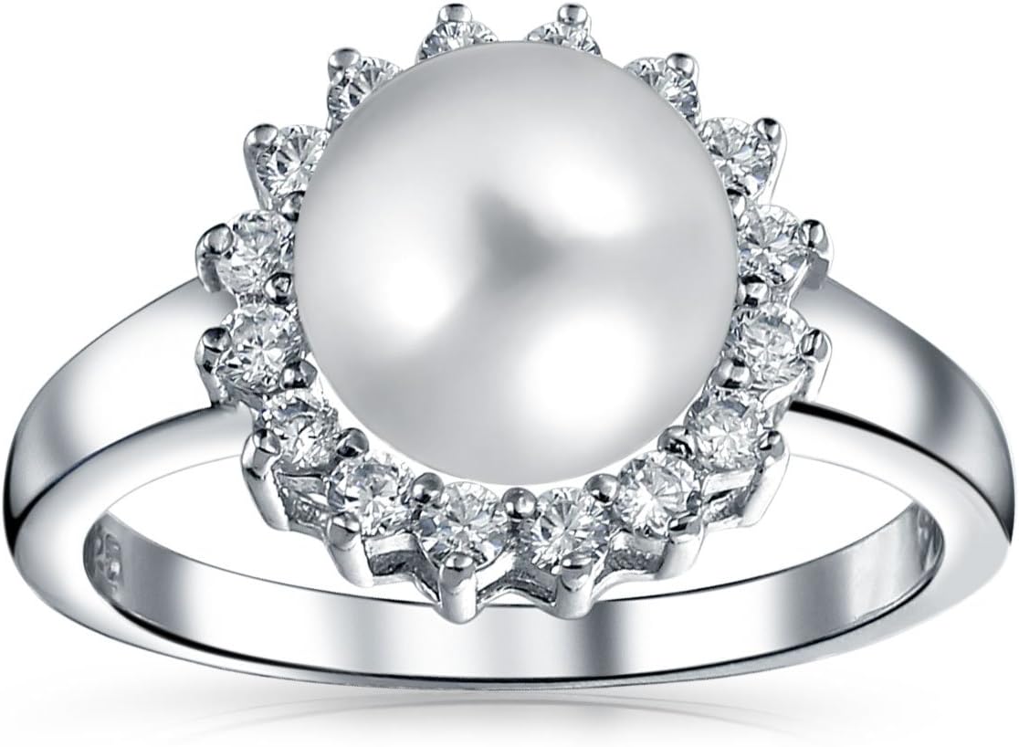 Bling Jewelry Personalize Bridal Party CZ Halo Side Stones White Solitaire Freshwater Cultured Pearl Engagement Cocktail Ring For Women .925 Sterling Silver Customizable