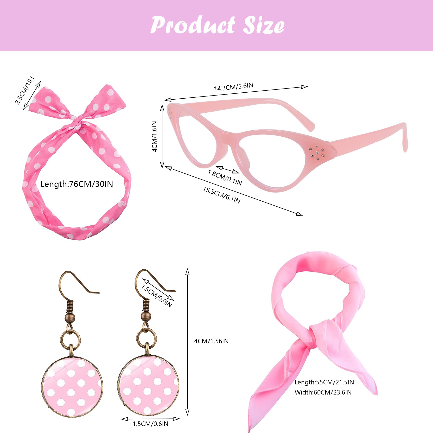 BAIYSFFG 50s Costume Accessories for Women 1950s Fancy Dress Kit Cat Eye Glasses Polka Dot Bandana Tie Headband Earrings Ladies Grease Fancy Dress for Women Ladies 1950s Retro Party Decor (Pink) - Image 2