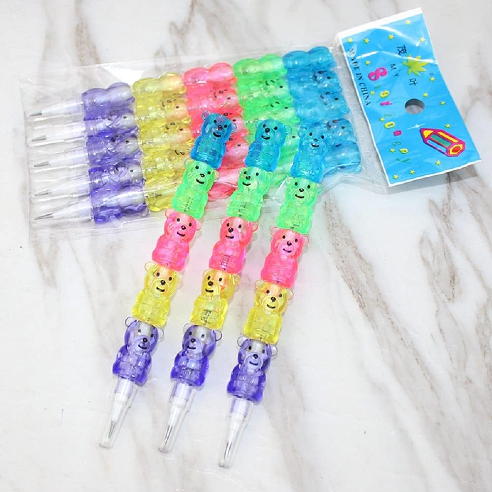 Acfun 15PCS Stackable Bear Pencils, Plastic Non-Sharpening Stacking Pencil，5 in 1 Point Pencils for Birthday