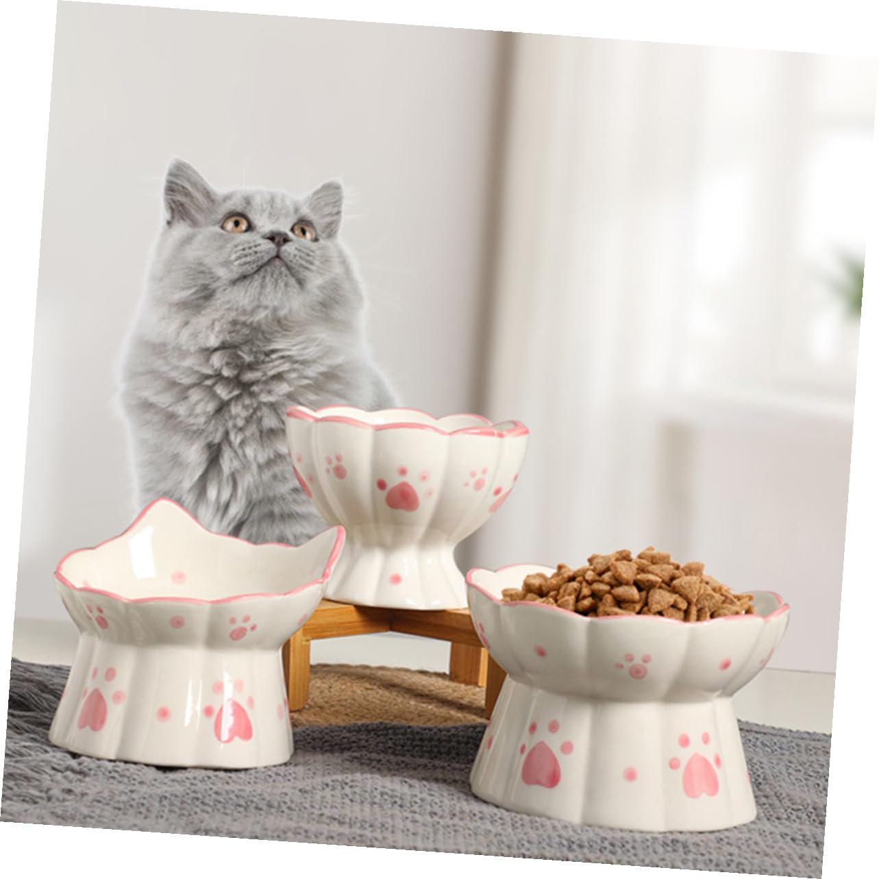 GARVALON 2 Stück Erhöhte Keramik Katzennäpfe Katzenohr Design rutschfest Ergonomisch gegen Schnurrhaarmüdigkeit Spülmaschinenfest Auslaufsicher für Katzen Kätzchen und Kleine Hunde