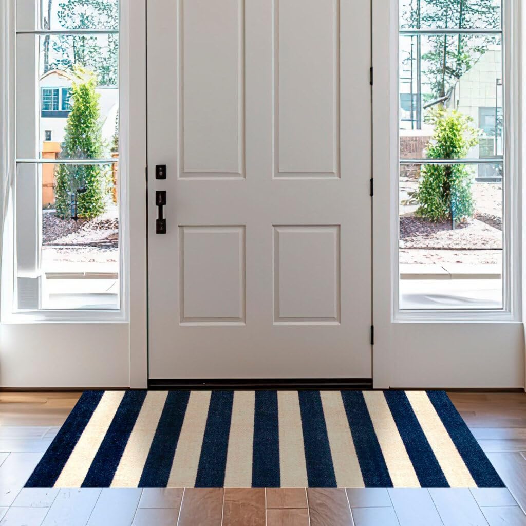 Wash + Dry Cabana Stripe Washable Indoor Rug with Rubber Backing, Large Non-Slip Door Mat for Entryway, Kitchen, Bathroom, One-Piece Washable Entryway Rug, Striped Navy and Cream, 27.5” x 47”