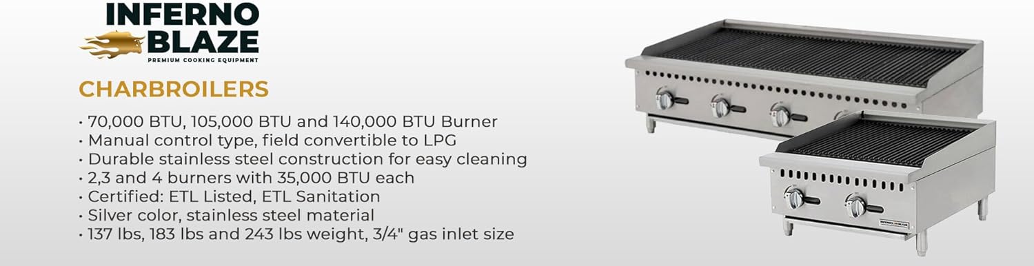 Inferno Blaze Premium IBP-CRB-48 48" Gas Countertop Char-Rock Broiler 140,000 BTU, Silver - ETL Certified, Stainless Steel Char Rock Burner - Perfect for Commercial Kitchens