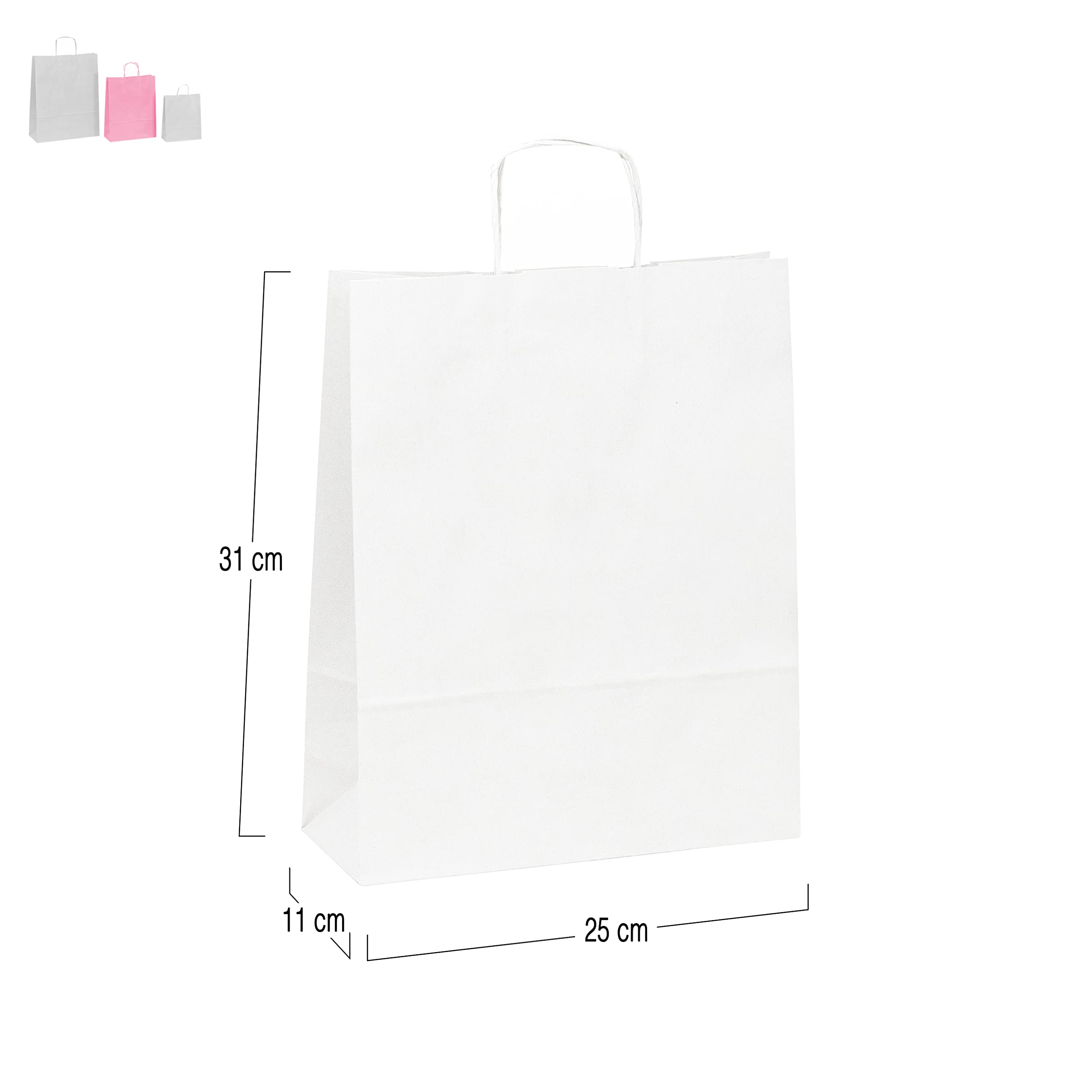 50 Papiertüten mit farbigem Bild | Achten Sie auf Ihre Geschenke | personalisierte Papiertüten für Veranstaltungen | recycelbar und mit Griffen | Größe auswählen (Medium 25 x 31 x 9 cm, Weiß)