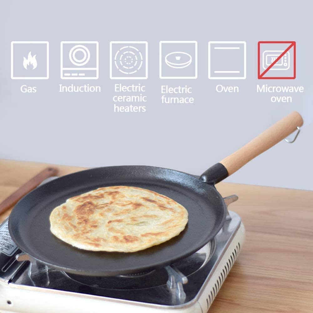 Pfanne für Pfannkuchen, Crepes, Gusseisen, Induktion, mit Griff, Bratpfanne für Steak, Pizza, Eier braten, zum Frühstück, Topfdurchmesser: 28 cm Bratpfanne