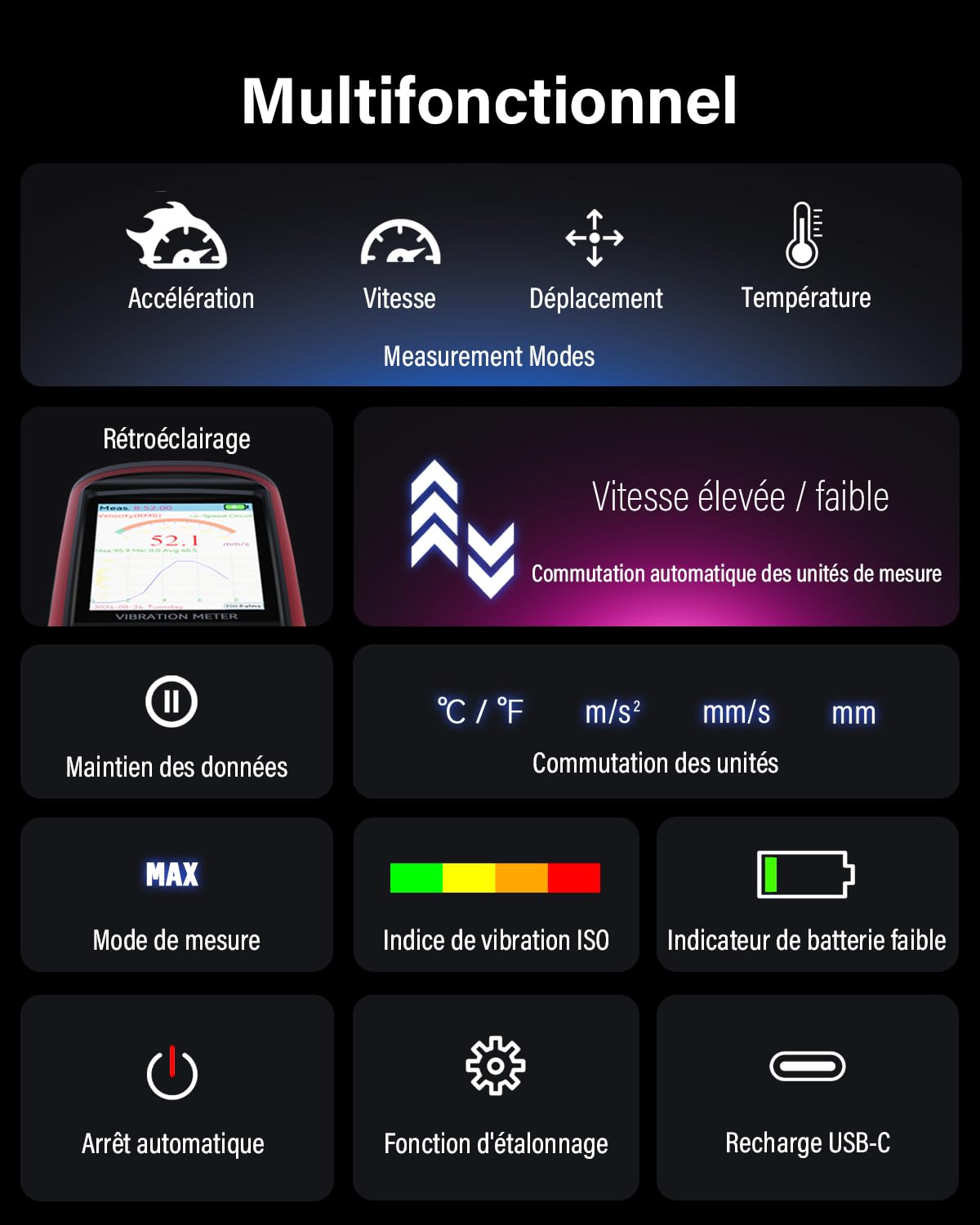 Vibromètre Wintact, analyse des mesures des vibrations mécaniques, accélération, vitesse, déplacement, température pour moteurs, générateurs, pompes, compresseurs (WT633B)