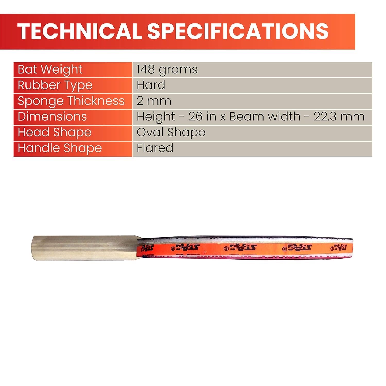 STAG GLOBAL 2 Star Table Tennis Racket | TTFI Approved | Speed 55, Spin 70, Control 95 | 200Grams | Ergonomic Straight Handle for Control Play | Ideal for Beginner Training, 3