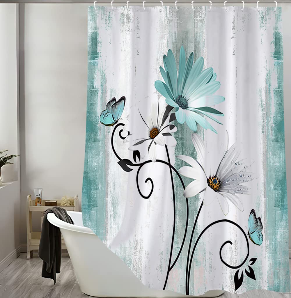 Tenda da doccia rustica con margherite, tema rustico, margherite su legno antico, decorazione per vasca da bagno in fattoria, tessuto impermeabile, lavabile in lavatrice con 12 ganci