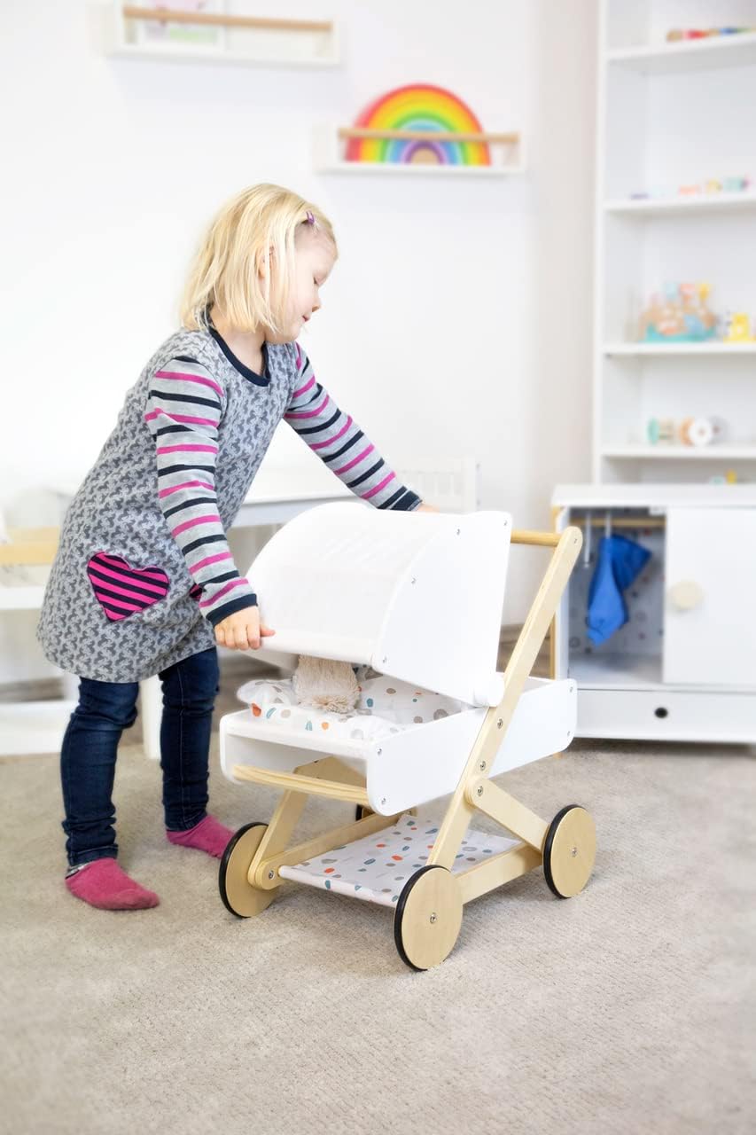 Small Foot 11914 Little Button Wooden Dolls, Multifunctional and Great Value Pram, 3 Years Toys, Multicoloured