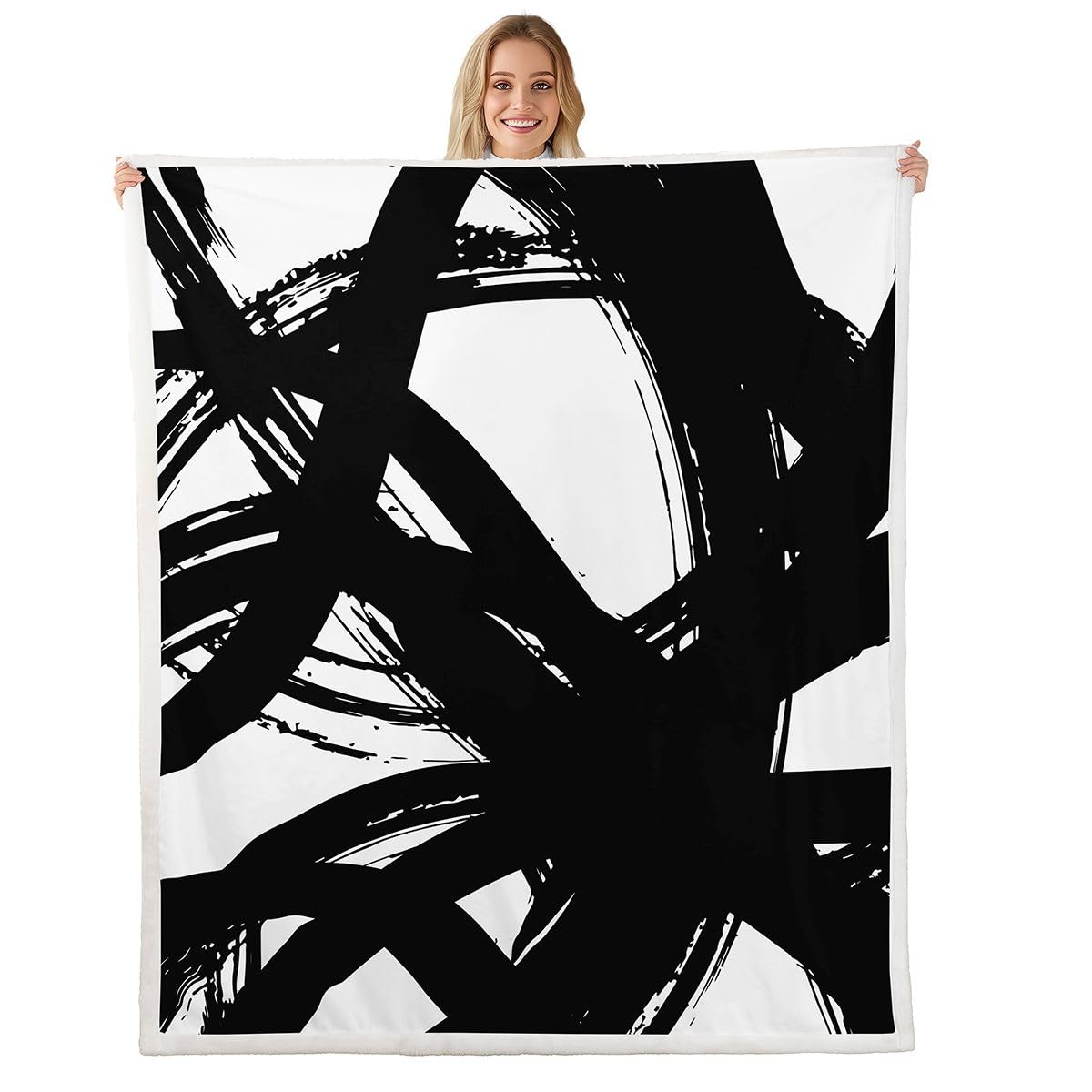 jejeloiu Black and White Fleece Throw Blanket Throw 50"x60" Modern Stripe Plush Blanket for Bed Sofa Couch Neutral Art Abstarct Art Room Decorations