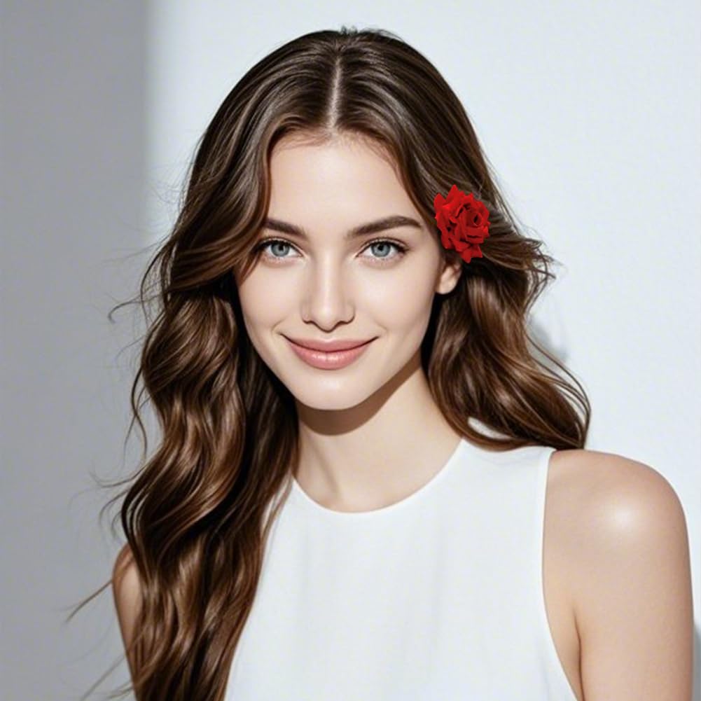 FILOEEX 10Pcs Rose Flower Hair Clip,2.8in Red Flower Hair Clips,Rose Brooch Floral Clips,Red Roses Hairpin,Flowers Hair Accessories for Women Girls Prom Party Beach Wedding Bridesmaid - Image 3