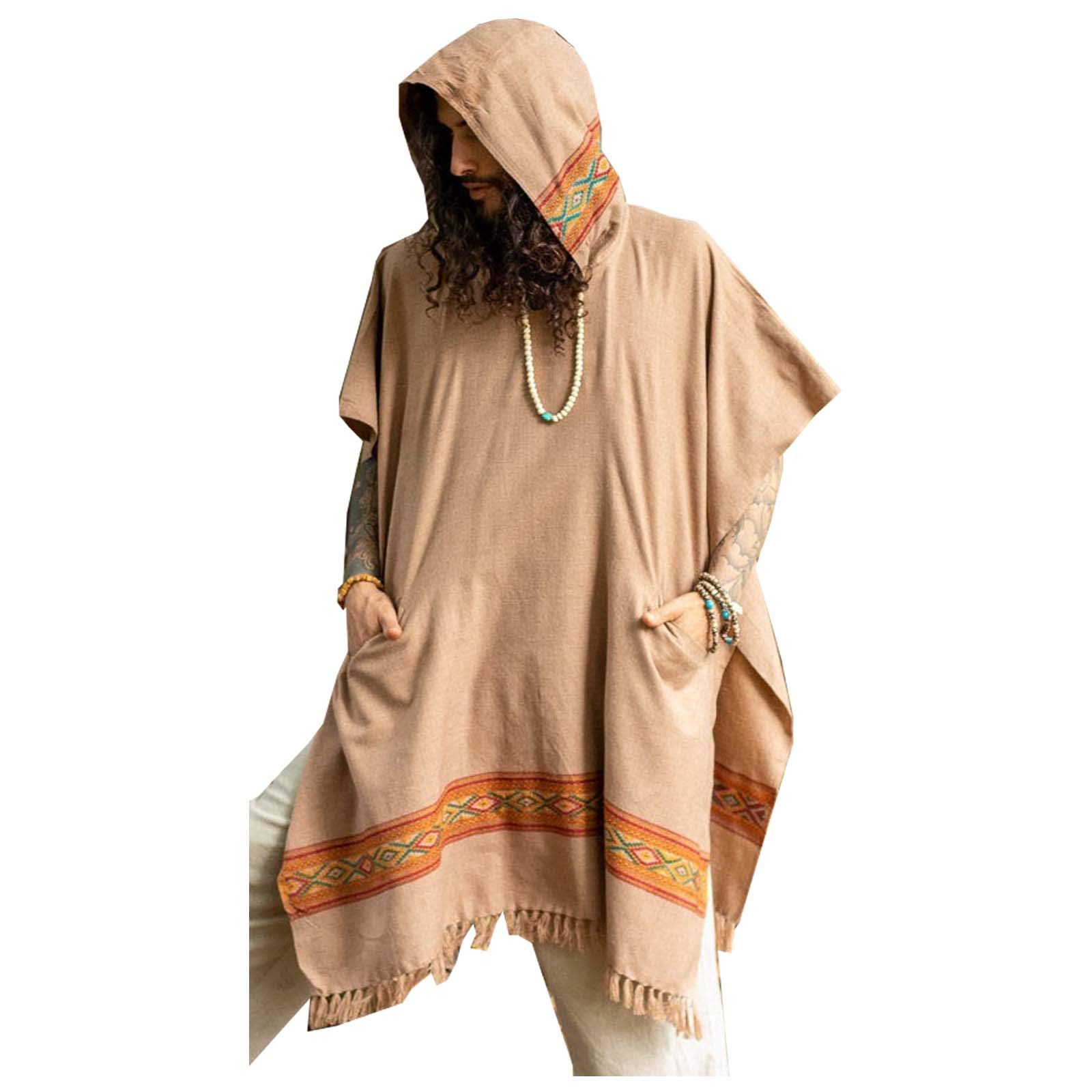 AJJAYA UPEKKHA Poncho con capucha marrón para hombre largo de lana de cachemir con bordado tribal, capucha grande, bolsillos, hippie, primitivo, gitano, boho