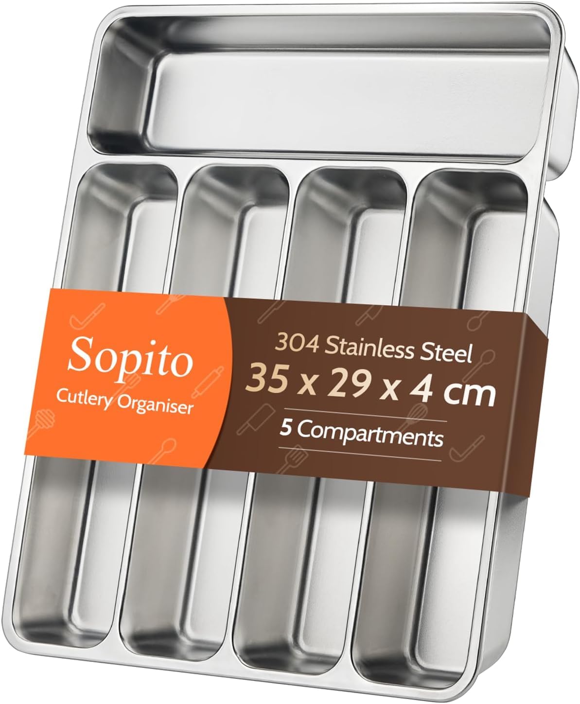 Sopito Cutlery Drawer Organiser Stainless Steel, 35 x 29 x 4cm