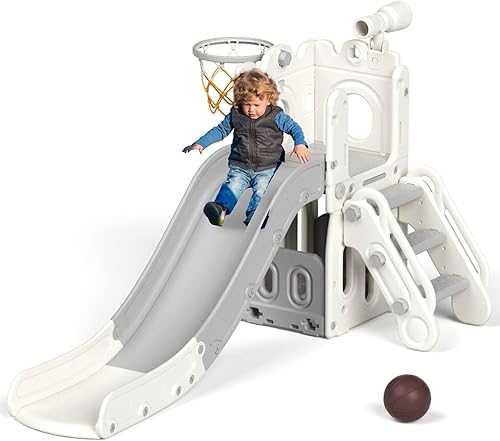 Miniatura 9 de KORIMEFA Juegos de parque infantil 5 en 1 para patios traseros al aire libre, juego de tobogán para niños en interiores con almacenamiento y pelota