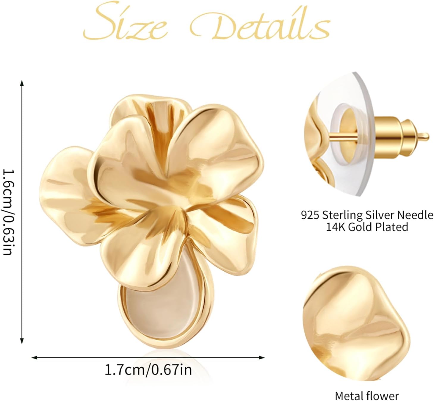 Flower Stud Earrings for Women, Medium 16x17 mm (0.63x0.67 in), 14K Gold Plated, 3D Petal Teardrop, Nickel-Free - Image 6