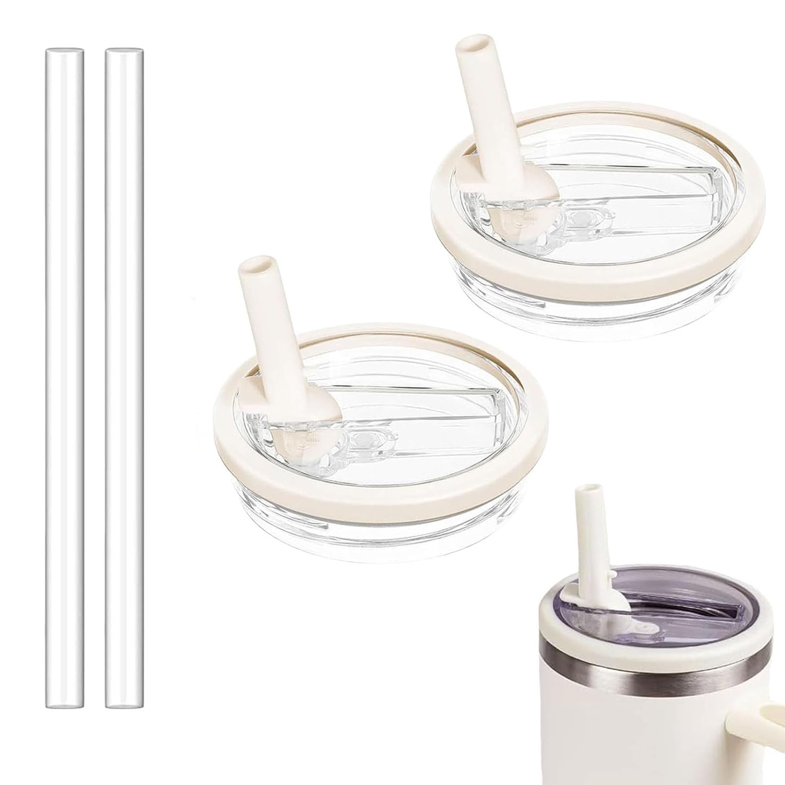 2 Pack Stanley Lid Replacement 40 oz, with Leak Proof and Flip Straw Lid, Stanley Cup Accessories,perfect for travel, fitness, and daily use. (Beige and Beige)