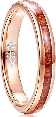 NUNCAD Rose Gold Ring for Women Hawaiian Koa Wood Inlay 4mm Tungsten Carbide Wedding Band Polished Edge Comfort Fit Size 6-12