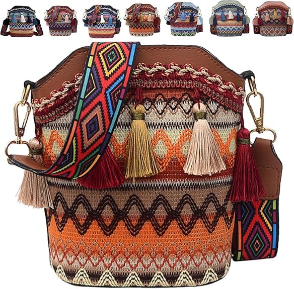 SUYOIKHGMN Bolso tote artesanal estilo nativo americano, bolso cubo tejido con borlas para mujer, ideal para viajes y ocio.