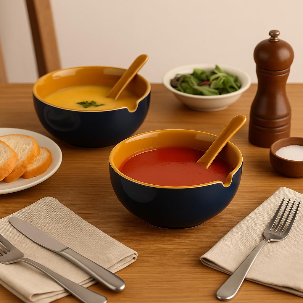 KITTENS Ceramic Soup Bowl & Spoon Set of 4 - Blue & Mustard Hand‑Painted 280 ml | Microwave & Dishwasher Safe | BPA‑Free | Ideal for Soup, Curry, Salad & Gifting 1