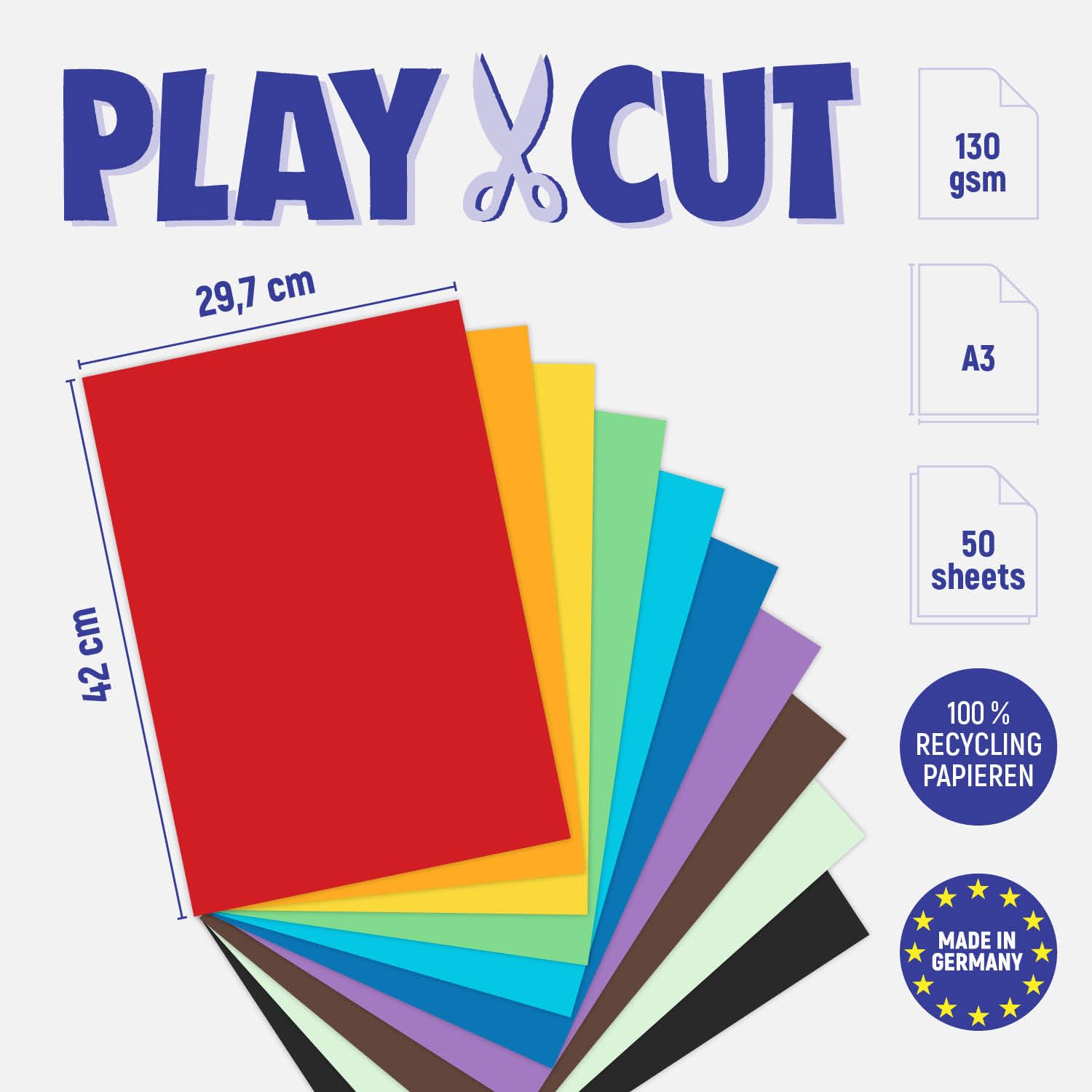 PLAY-CUT Carta colorata A3 (130 g/m2), 50 fogli di carta DIN A3, per lavori di fai da te, set di carta spessa e stampabile, formato A3, carta da disegno di alta qualità e Craft Paper