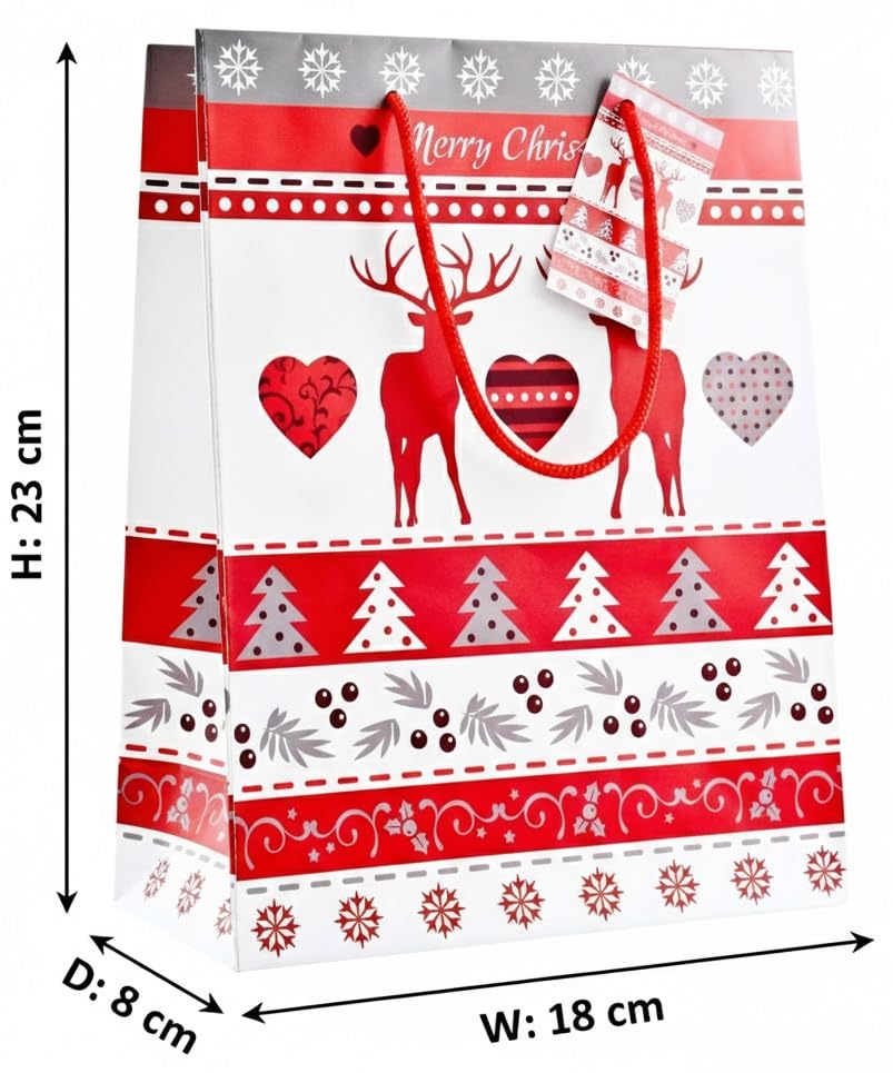 12 Sacchetti Regalo Natalizi Bambelaa: Carta Opaca 128g Con Simpatici Cervi Rossi, Perfetti Per Confezionare Doni E Dolciumi - 2