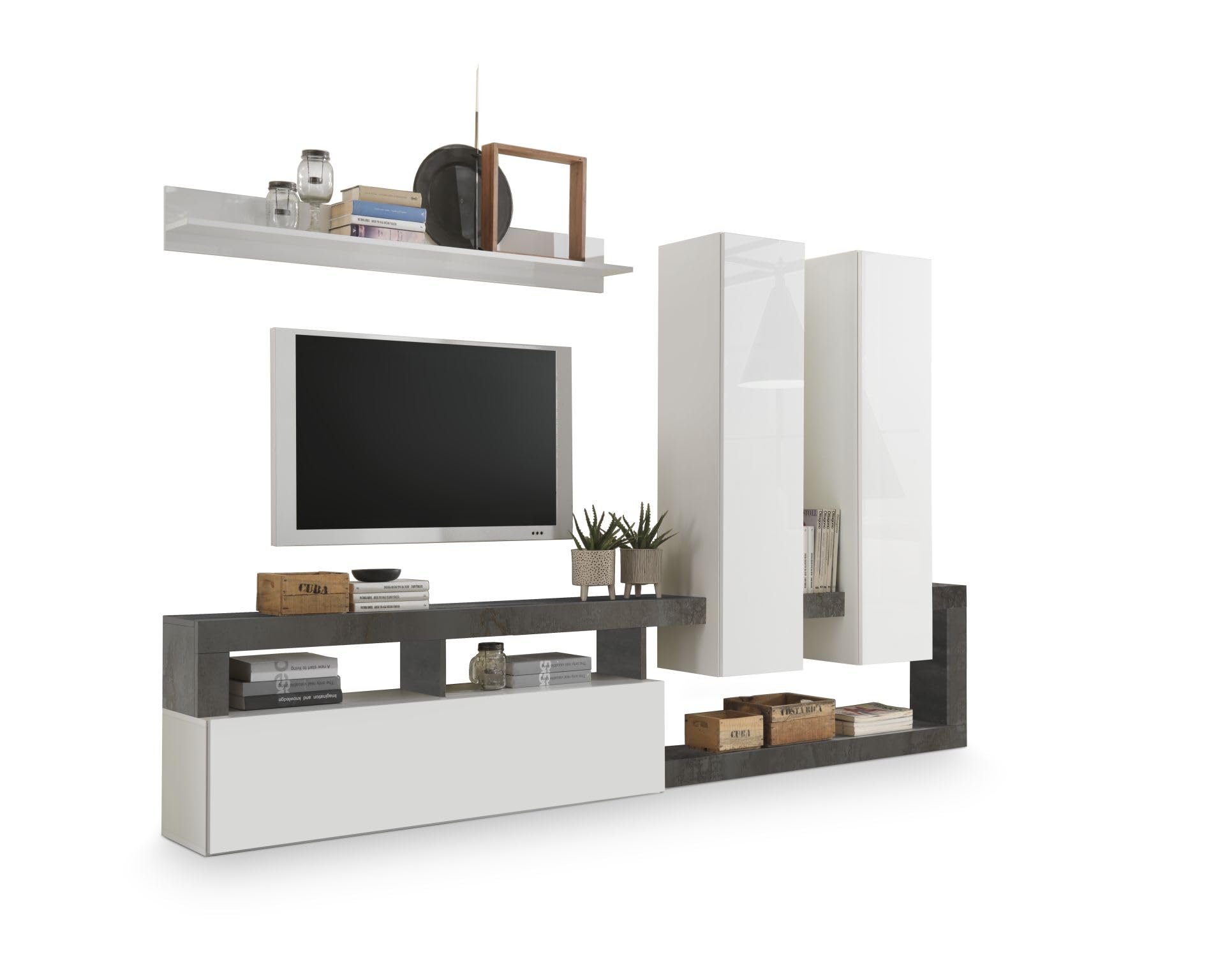 TV Wall Mount White Glossy Wooden Cabinet Modern Flip Doors - Dettaglio