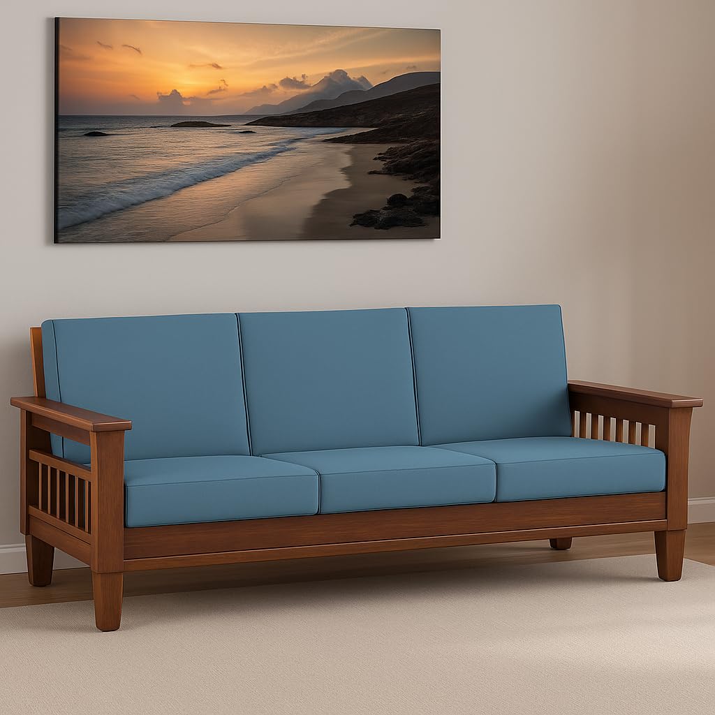 KENDALWOOD Furniture Solid Sheesham Wood 3 Seater Wooden Sofa Set with Brown Cushions 3 Seater Sofa, (Finish Color:- Teak Finish with Blue Cushions) - DIY(Do-It-Yourself)