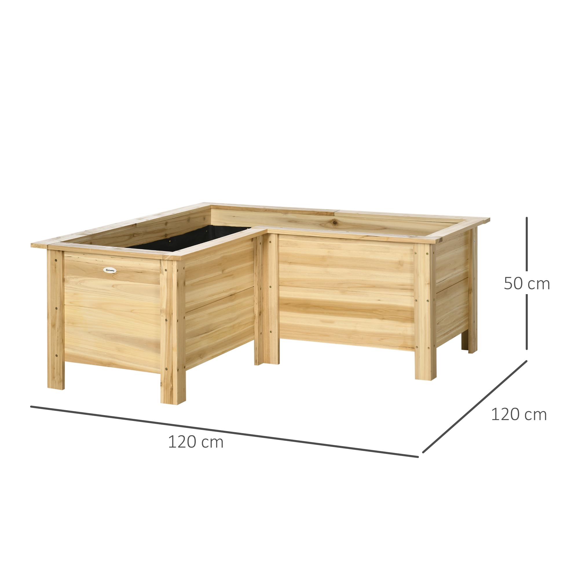 Outsunny Fioriera rialzata in legno a forma di L con tessuto non tessuto vaso esterno orto urbano per colture di piante e fiori per terrazza giardino 120 x 120 x 50 cm naturale