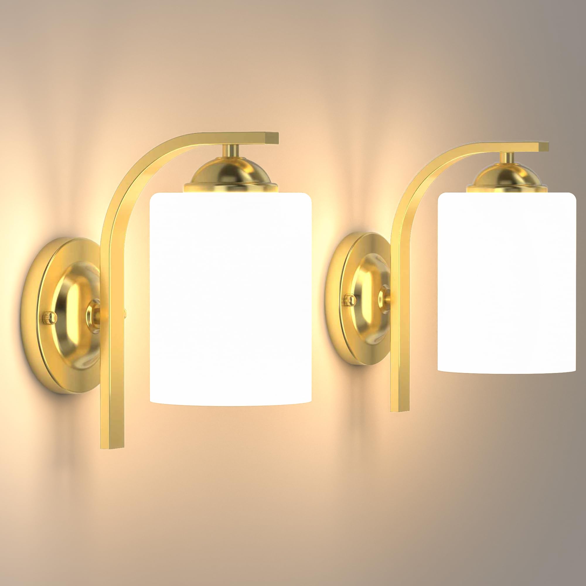 Vintage Farmhouse Gold Wall Sconces Set of 2, Hardwired Vanity Light Fixtures with Frosted Glass Shades for Bathroom, Bedroom, Living Room, Hallway (E26 Base)