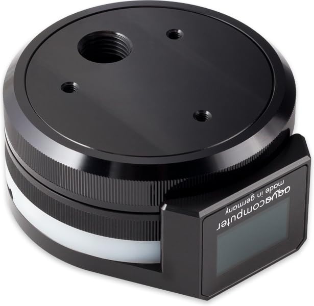 De sus în jos view of the Aquacomputer LEAKSHIELD unit, showing its circular design and the integrated OLED display with pressure information.