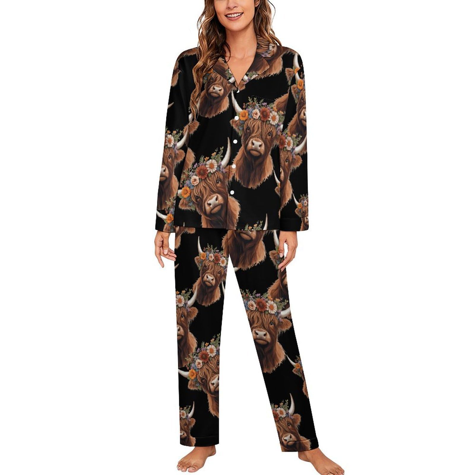 Conjunto de pijama para mujer, diseño de vaca de las Tierras Altas con flores, de manga larga, con botones, ropa de descanso, ropa de dormir