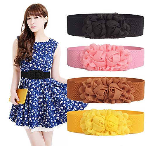 Women's Elastic Stretch Wide Rose Double-Flower Waist Belts for Dress (Brown) XX-Large3