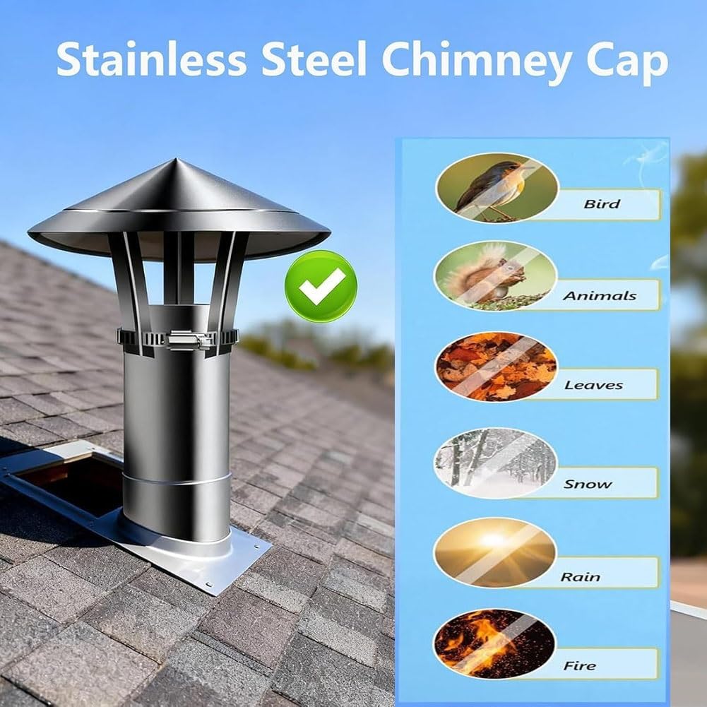 Tapa para chimenea, cubierta para conducto de chimenea de acero inoxidable 304 con tiras metálicas ajustables y guantes(150 mm/5.9 in)