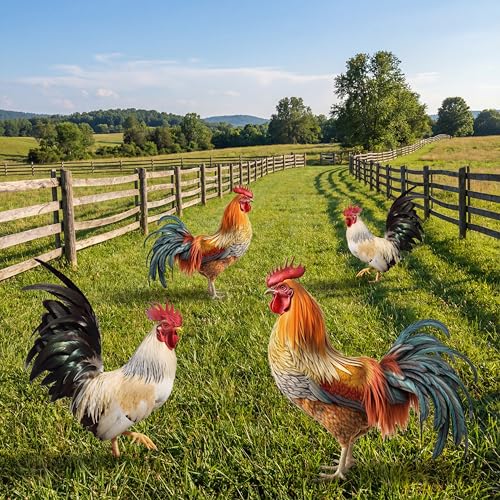 Riakrum 4 Pcs Metal Rooster Outdoor Garden Statues Decor Yard Chicken Decorations Metal Chicken Sculpture for Backyard Patio Kitchen Decor & Lawn Ornaments 2 Size