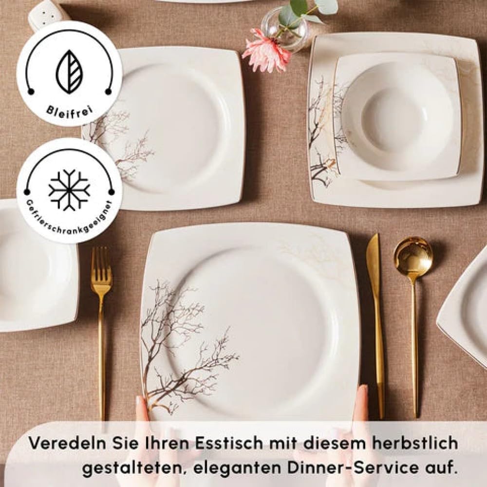Karaca Square Bone Autumn - 53-teiliges Geschirrset für 12 Personen, Eckig Modern Teller Set aus Porzellan Bone China, Geschirr Set mit Müslischalen, Servierplatte, Pastateller, Dessertteller - Gold