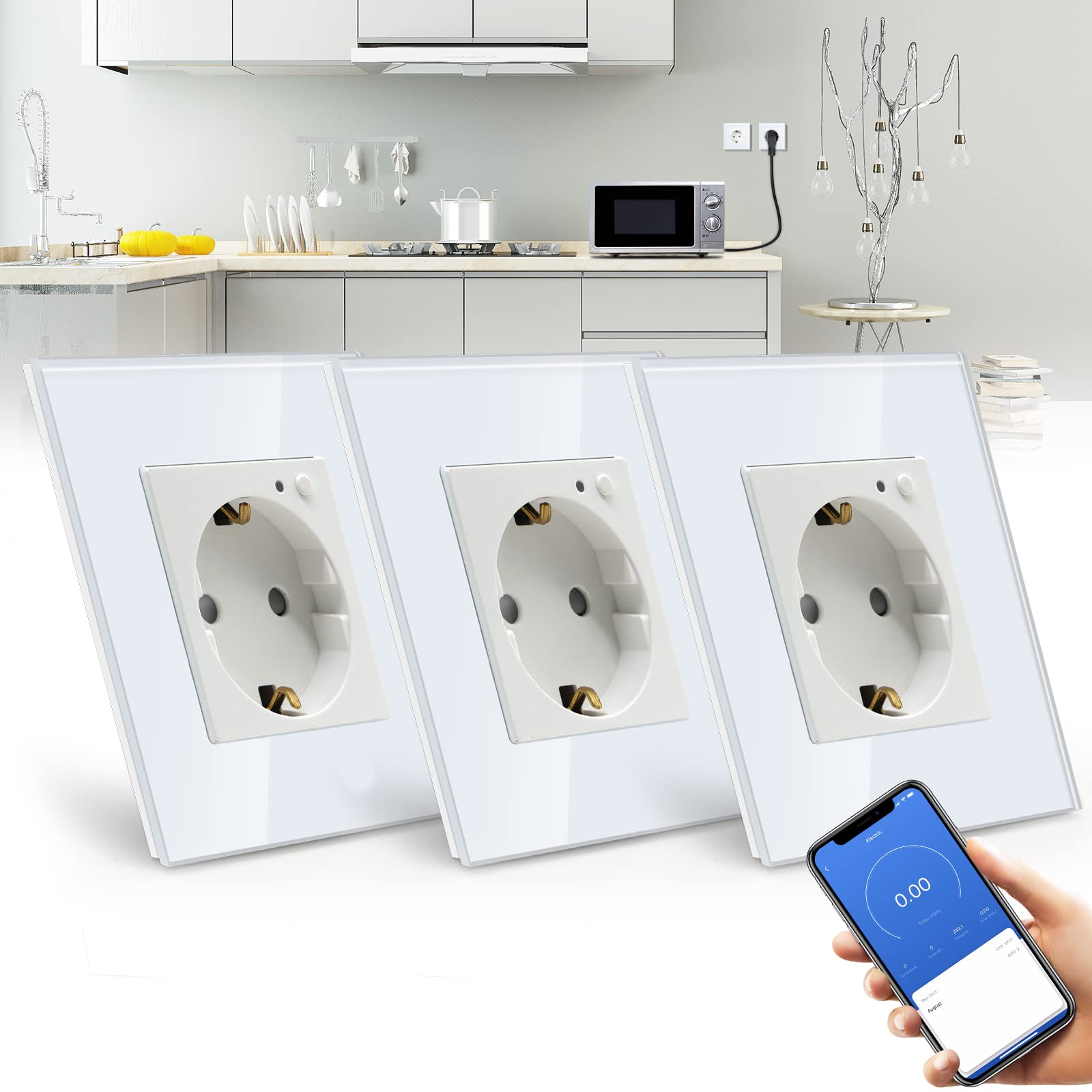 BSEED BSEED Enchufe Pared WiFi con monitor de consumo de energía, Schuko Enchufe inteligente Compatible con Alexa y Google Home,Control de APP y Función de Temporizador, Blanco-3 Paquete