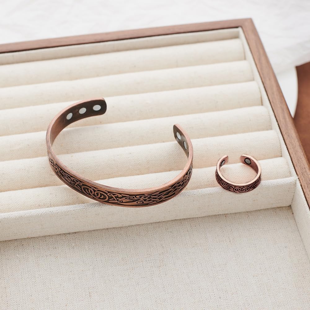Bracelet Jonc Celtique Magnétique Cuivre Gravé Ajustable Bijoux Homme Vintage Ethnique