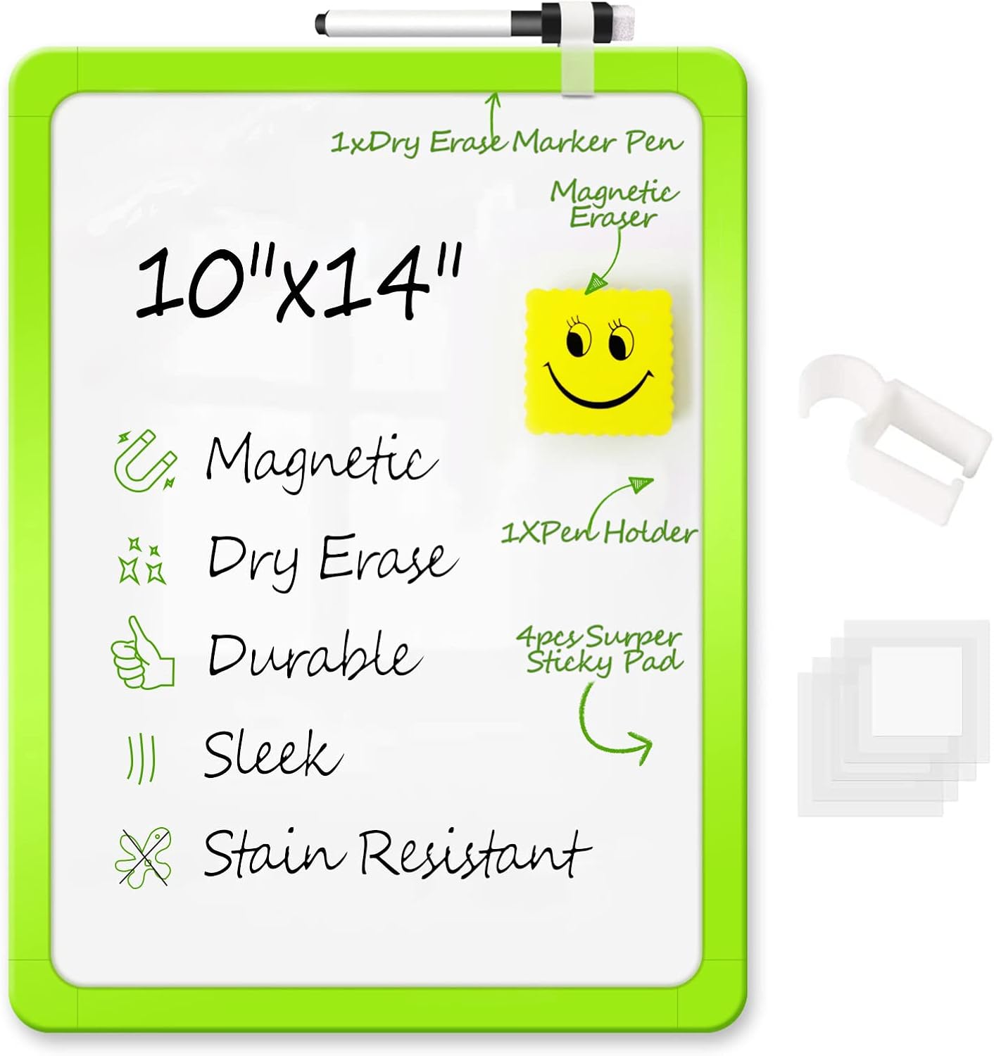 ZHIDIAN Magnetic Dry Erase Board, 10" x 14" Durable Small White Board for Wall/Fridge/Desk/Kids, Home School Office Writing Whiteboard with Markers/Eraser, Green Frame