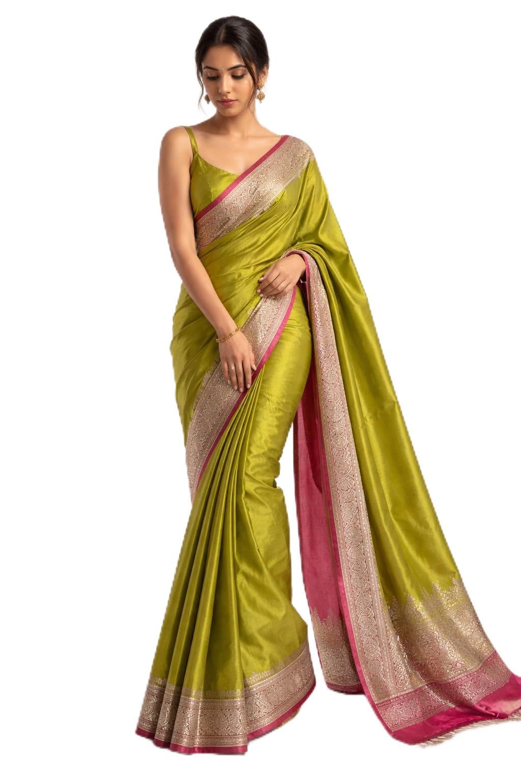 Banarasi Plain Satin Silk Saree with Unstitched Blouse, Pink Pallu and Floral Border-image-18