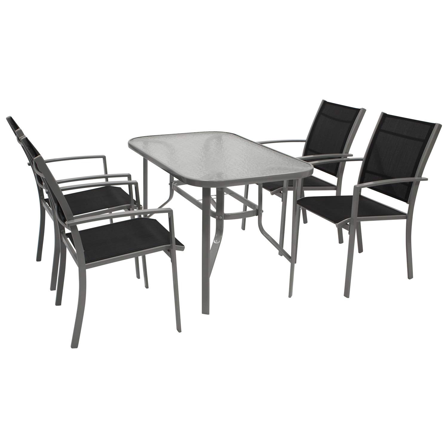 DEGAMO Gartengarnitur Pino 5-teilig, 4X Stapelsessel mit Stahlgestell und Kunstgewebebespannung 2 * 1 schwarz, 1x Tisch 70x120cm mit Stahlgestell und Glasplatte