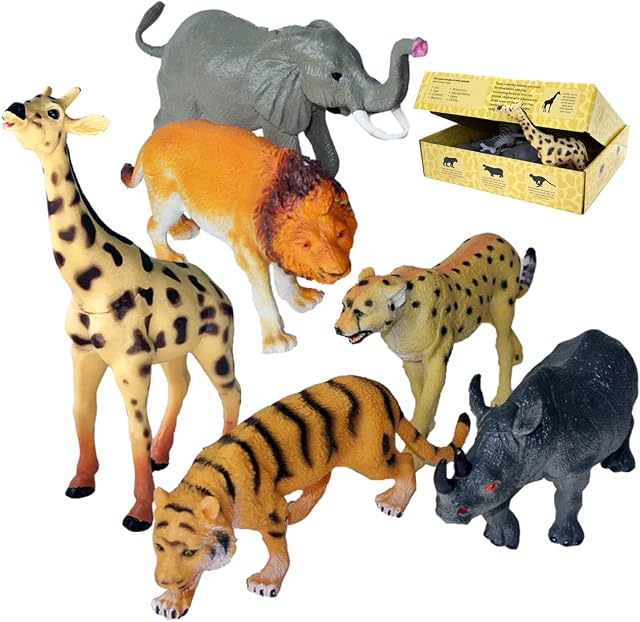 Safari animals toys plastic figures - large set of 6 boxed
