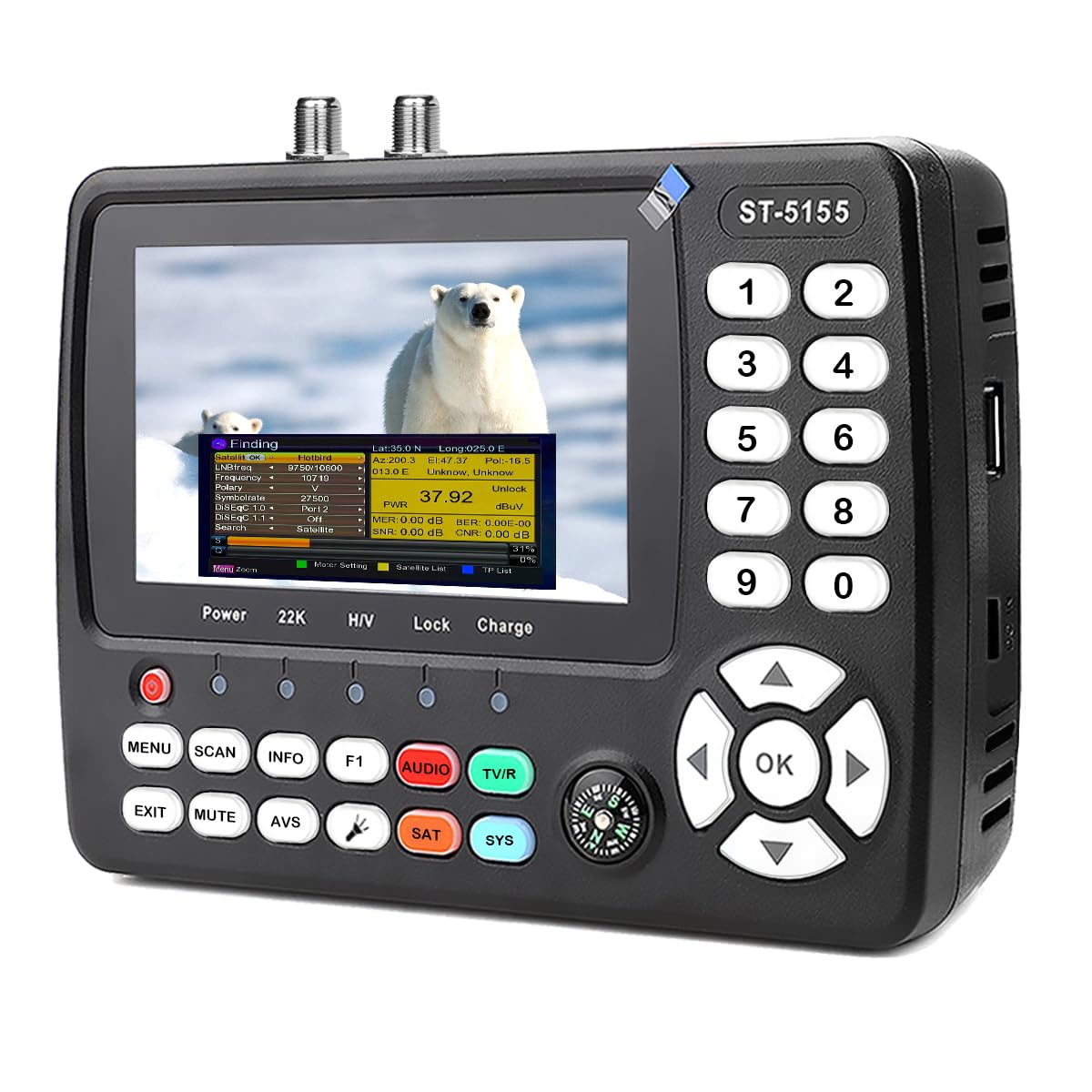 ST-5155 Pointeur Satellite DVB-S2/S/S2X/T2/T/C Combo, Détecteur de Signal TV par Satellite H.264/265 10bit, Recepteur Satellite avec Unicable/Scr/Dcss