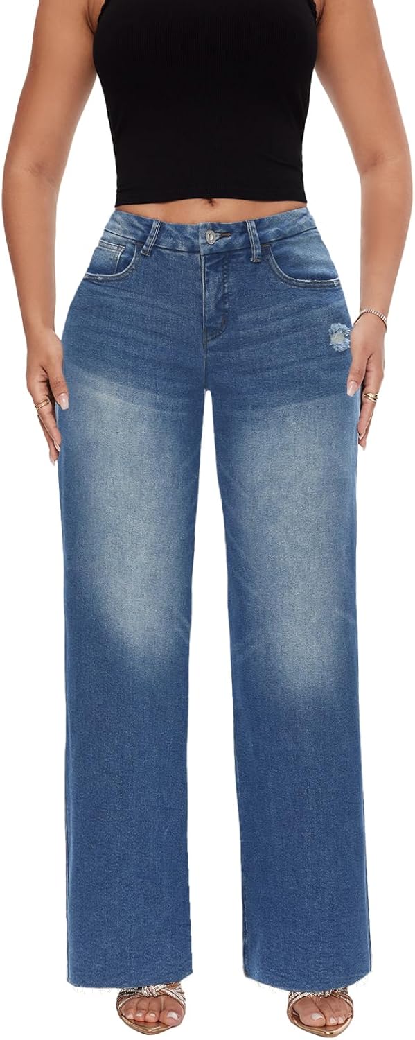 ONESO Mid-Low Rise Baggy Jeans Wide Leg for Women Distressed Pants Stretchy Bottom Lady Basic Comfortable Denim