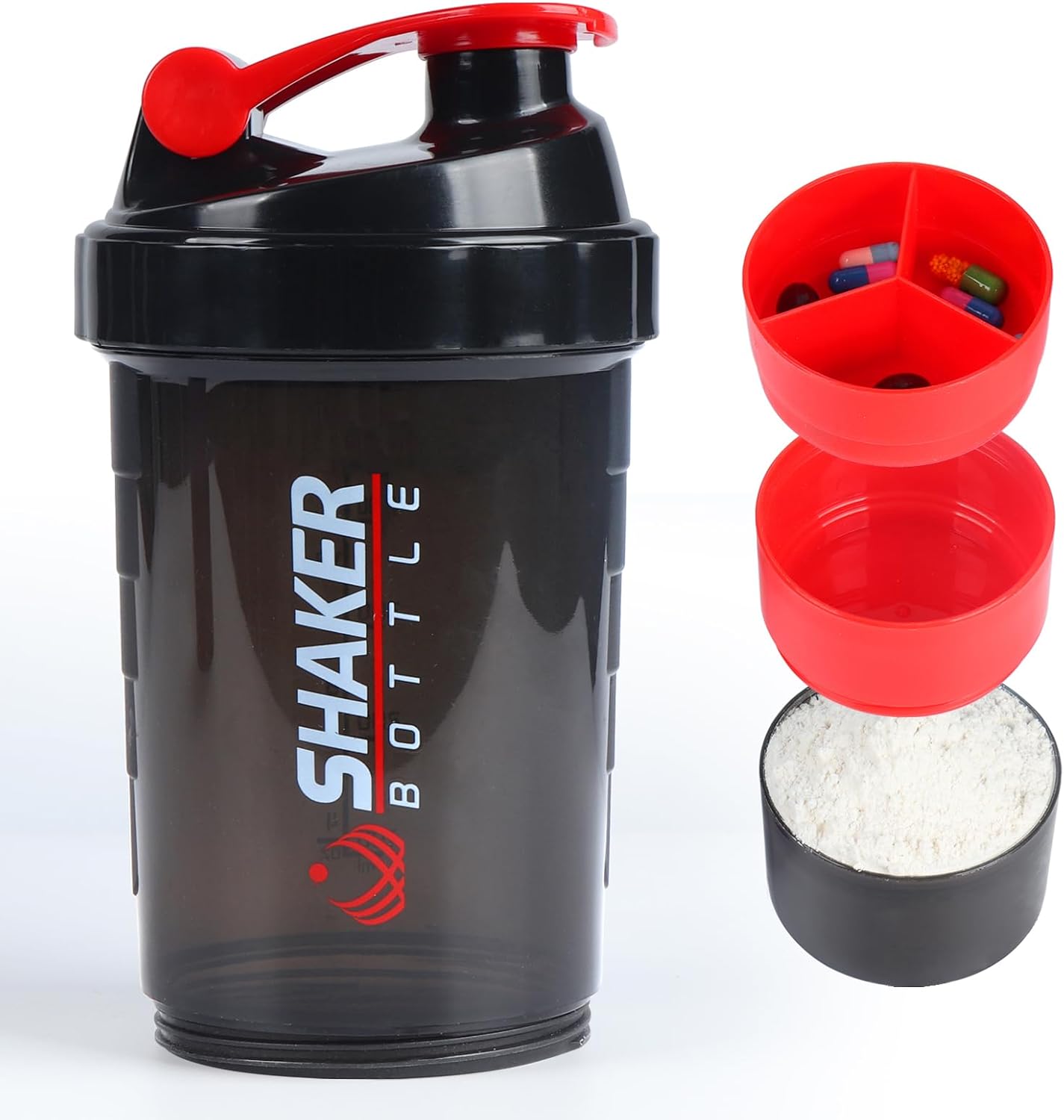 Protein Shaker Bottle,Sports Water Bottle,Leak Proof Shake Bottle For Protein Mixer,Non Slip 3 Layer Twist Off 3oz Cups with Pill Tray,Workout Shaker Bottle 16oz,Red