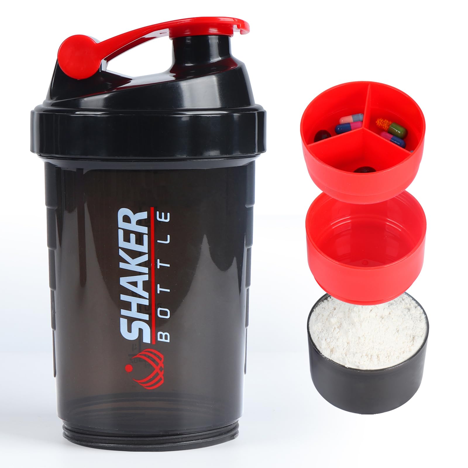 Protein Shaker Bottle,Sports Water Bottle,Leak Proof Shake Bottle For Protein Mixer,Non Slip 3 Layer Twist Off 3oz Cups with Pill Tray,Workout Shaker Bottle 16oz,Red