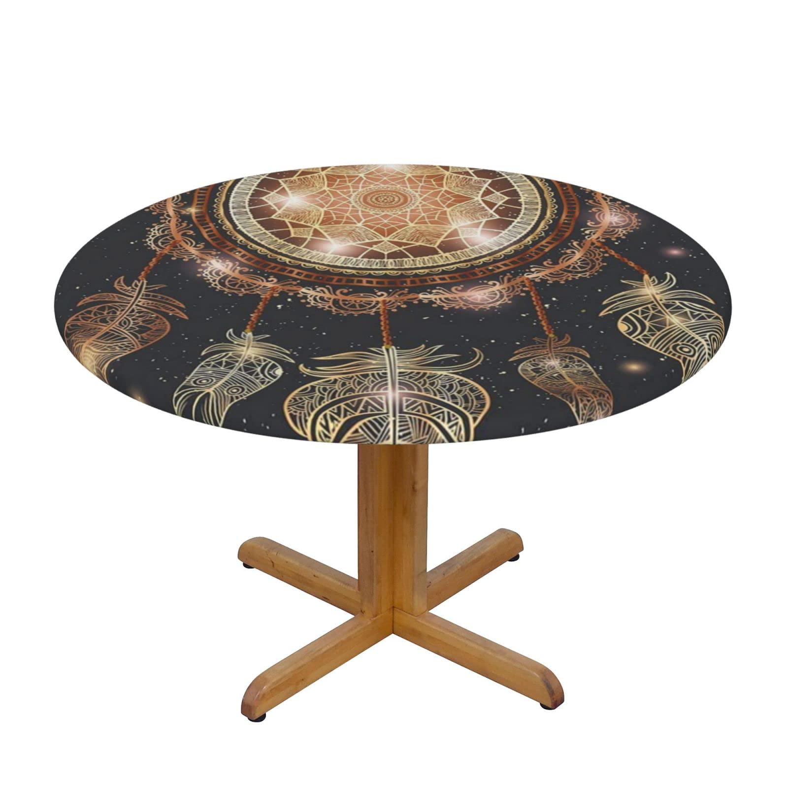 Lsjuee Round Fitted Tablecloth 40-44in Elastic Edged Table Cloth for Kitchen Dining Party Home Decor - Native American Dreamcatcher Feather