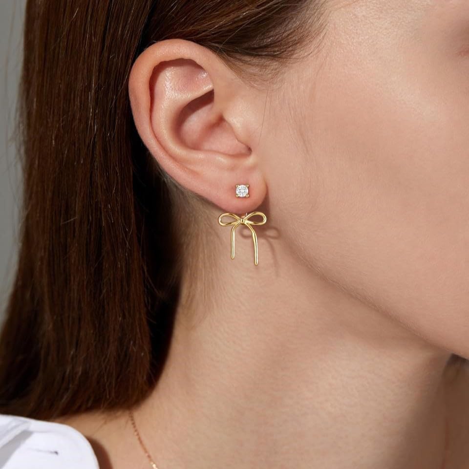 Gold Plated Bow Earrings for Women, Dainty Rhinestone Stud, Cute Pearl Earring Jackets, Hypoallergenic Earrings for Sensitive Ears4