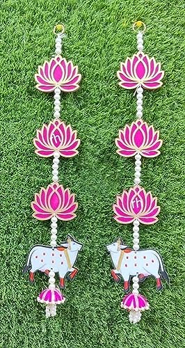 Image of Sanvatsar Wood Home Decorative Lotus Wall Hanger with Cow Cutouts | Diwali Decoration, Home Decoration (Pink)